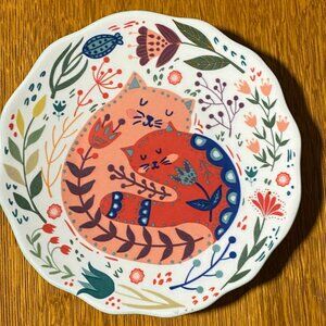 Colorful Floral Cat Under-Glazed Ceramic Dinner Plate, Dish, Dessert Tray